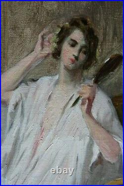 Tableau ancien impressionniste HST Jeune femme au miroir Herman RICHIR 1866-1942
