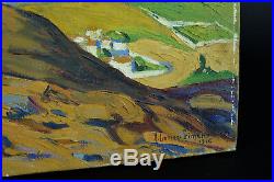 Tableau ancien paysage animé 1916 Paysage Pays Basque Aragon R. Gomez Gimeno
