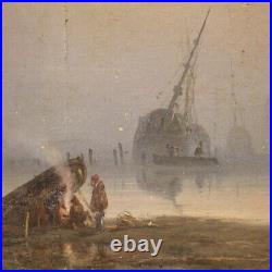 Tableau ancien peinture huile sur toile avec cadre paysage marine style ancien