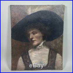 Tableau ancien, portrait d'une élégante au chapeau