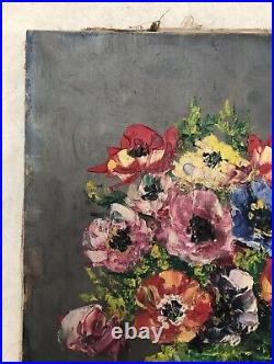 Tableau ancien signé, Bouquet d'anémones, Huile sur toile, Peinture, Milieu XXe