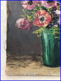 Tableau ancien signé, Bouquet d'anémones, Huile sur toile, Peinture, Milieu XXe