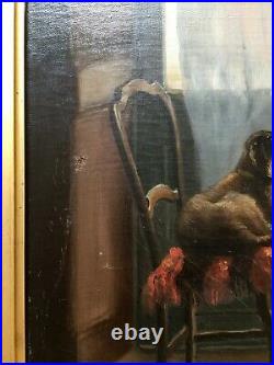 Tableau ancien signé, Grande huile sur toile, Femme à la fenêtre, Encadré, XIXe