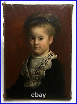 Tableau ancien signé, Huile sur toile, Portrait de fillette, Enfant, XIXe