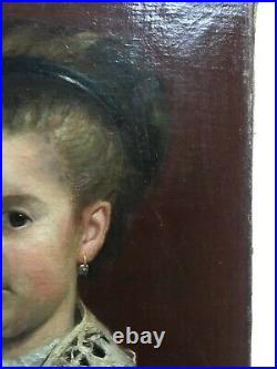 Tableau ancien signé, Huile sur toile, Portrait de fillette, Enfant, XIXe