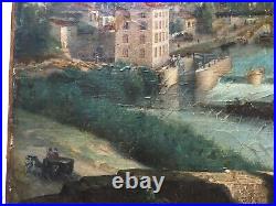 Tableau ancien signé, Huile sur toile à restaurer, Paysage fluvial animé, XIXe