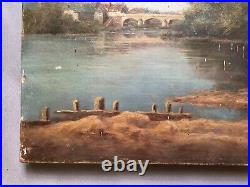 Tableau ancien signé, Jeune pêcheur au bord de la rivière, Huile sur toile, XXe
