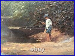 Tableau ancien signé, Jeune pêcheur au bord de la rivière, Huile sur toile, XXe
