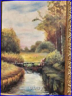 Tableau ancien signé Paysage Bord de Ruisseau Peinture huile sur toile. 1925
