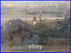 Tableau ancien signé, Plage animée, Huile sur toile à restaurer, Peinture, XXe