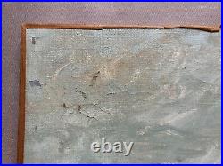 Tableau ancien signé, Plage animée, Huile sur toile à restaurer, Peinture, XXe