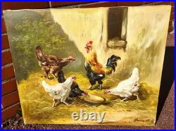 Tableau ancien signé. Scène de Basse Cour Poules Coq. Peinture huile sur toile