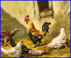 Tableau ancien signé. Scène de Basse Cour Poules Coq. Peinture huile sur toile