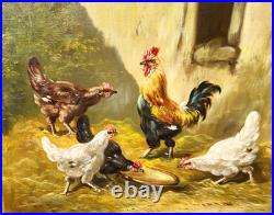 Tableau ancien signé. Scène de Basse Cour Poules Coq. Peinture huile sur toile