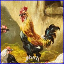 Tableau ancien signé. Scène de Basse Cour Poules Coq. Peinture huile sur toile