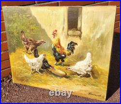 Tableau ancien signé. Scène de Basse Cour Poules Coq. Peinture huile sur toile