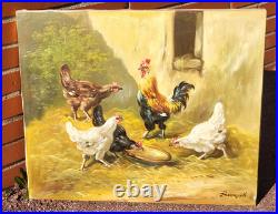 Tableau ancien signé. Scène de Basse Cour Poules Coq. Peinture huile sur toile
