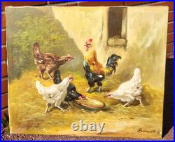 Tableau ancien signé. Scène de Basse Cour Poules Coq. Peinture huile sur toile
