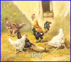 Tableau ancien signé. Scène de Basse Cour Poules Coq. Peinture huile sur toile