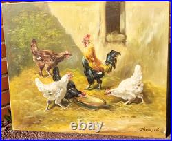 Tableau ancien signé. Scène de Basse Cour Poules Coq. Peinture huile sur toile