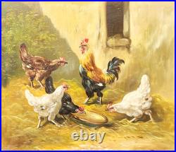 Tableau ancien signé. Scène de Basse Cour Poules Coq. Peinture huile sur toile
