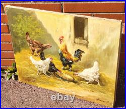 Tableau ancien signé. Scène de Basse Cour Poules Coq. Peinture huile sur toile