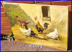 Tableau ancien signé. Scène de Basse Cour Poules Coq. Peinture huile sur toile