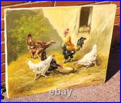 Tableau ancien signé. Scène de Basse Cour Poules Coq. Peinture huile sur toile