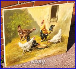 Tableau ancien signé. Scène de Basse Cour Poules Coq. Peinture huile sur toile