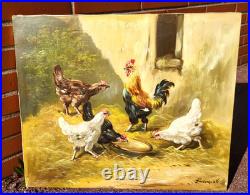 Tableau ancien signé. Scène de Basse Cour Poules Coq. Peinture huile sur toile
