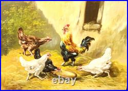 Tableau ancien signé. Scène de Basse Cour Poules Coq. Peinture huile sur toile