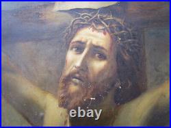 Tableau ancien superbe huile sur toile XIXe signée, Jésus Christ en croix