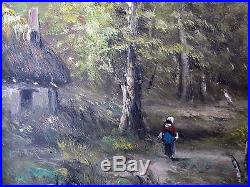 Tableau ancienne huile sur toile paysage campagne chaumière Barbizon XIXe