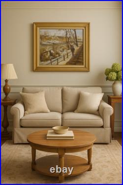 Tableau cadre sur toile Huile sur toile signe un promeneur dans un parc enneigé