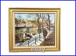 Tableau cadre sur toile Huile sur toile signe un promeneur dans un parc enneigé