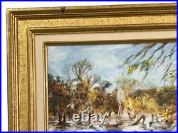 Tableau cadre sur toile Huile sur toile signe un promeneur dans un parc enneigé