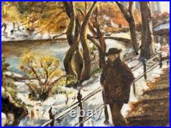 Tableau cadre sur toile Huile sur toile signe un promeneur dans un parc enneigé