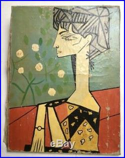 Tableau cubiste XXe, huile sur toile à restaurer, portrait de femme
