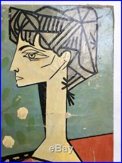 Tableau cubiste XXe, huile sur toile à restaurer, portrait de femme