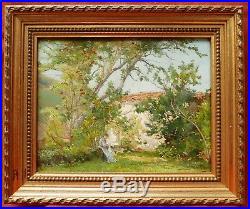 Tableau école française impressionniste paysage Provence femme cousant jardin