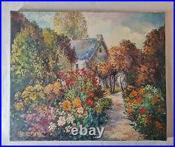 Tableau fauviste XXéme par Dejoux. Huile 38cm x 46cm. L'allée de fleurs