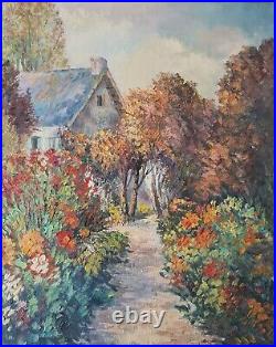 Tableau fauviste XXéme par Dejoux. Huile 38cm x 46cm. L'allée de fleurs
