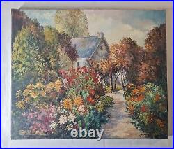 Tableau fauviste XXéme par Dejoux. Huile 38cm x 46cm. L'allée de fleurs