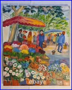 Tableau fauviste par Barret Huile/toile 55cm x 46cm Marché aux fleurs
