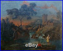 Tableau grand paysage animé école française du XVIIIème siècle huile sur toile