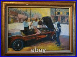 Tableau grande huile sur toile Vintage scene de rue avec vehicule