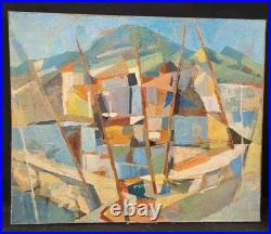 Tableau huile Bord de mer Bateaux Cubisme signé Jan Jacob KATE III (1914-1996)