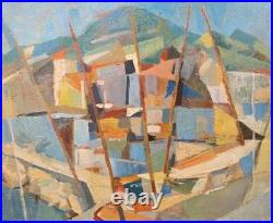 Tableau huile Bord de mer Bateaux Cubisme signé Jan Jacob KATE III (1914-1996)