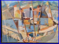 Tableau huile Bord de mer Bateaux Cubisme signé Jan Jacob KATE III (1914-1996)