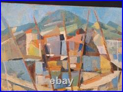 Tableau huile Bord de mer Bateaux Cubisme signé Jan Jacob KATE III (1914-1996)